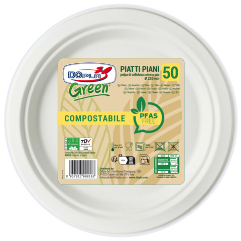 Piatti piani in polpa Dopla Green Pfas Free bianco – Ø 220 mm – conf. 50 pz – 07902