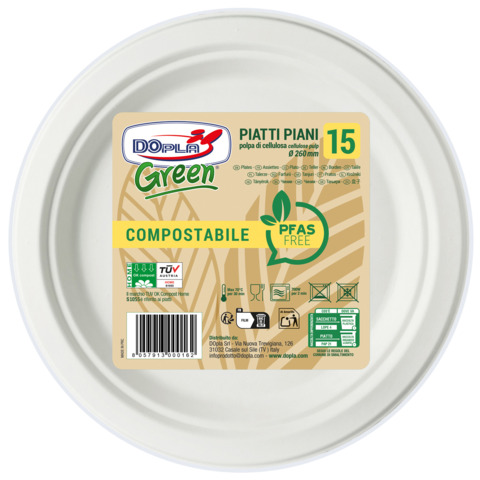 Piatti piani in polpa Dopla Green Pfas Free bianco – Ø 260 mm – conf. 15 pz – 07907