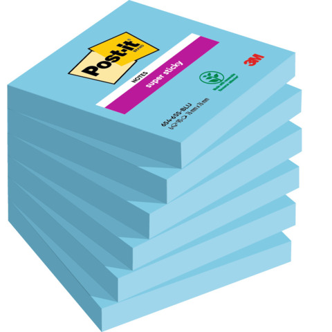 Foglietti riposizionabili Post-it® Super Sticky 76×76 mm – blu – conf. 6 blocchetti da 90 ff – 654-6SS-BLU