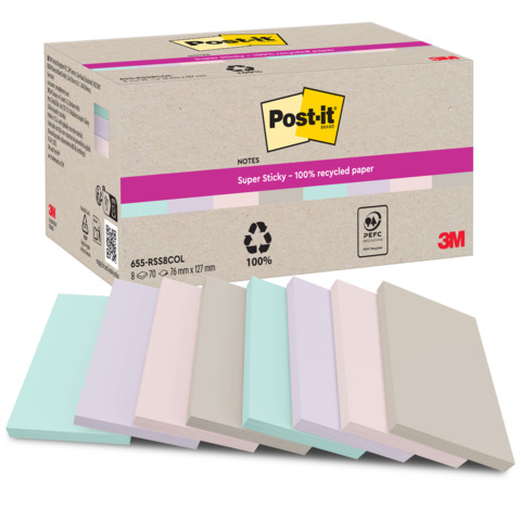 Foglietti riposizionabili Post-it® Super Sticky in carta riciclata 76×127 mm – colori assortiti – conf. 8 blocch/70 ff