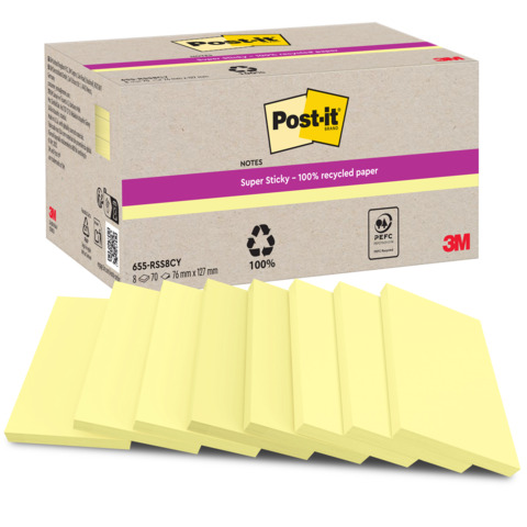 Foglietti riposizionabili Post-it® Super Sticky in carta riciclata 76×127 mm – giallo Canary – conf. 8 blocch/70 ff