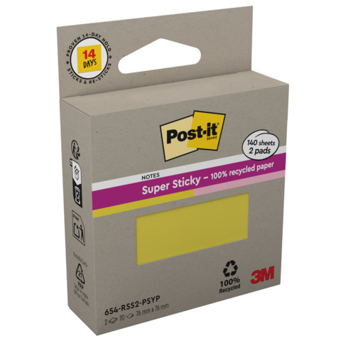 Foglietti riposizionabili Post-it® Super Sticky in carta riciclata 76×76 mm – giallo e rosa – conf. 2 blocch/70 ff