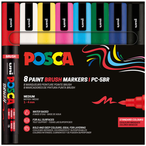 Marcatore a tempera Uni Posca con punta a pennello semi-flessibile 1-4 mm in conf. da 8 colori assortiti – M PC5BR 8P