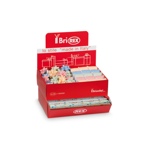 Espositore 100 fogli carta regalo raso + 50 stelle + 30 rocchetti Bri Rex fantasia papaveri e fiordalisi –