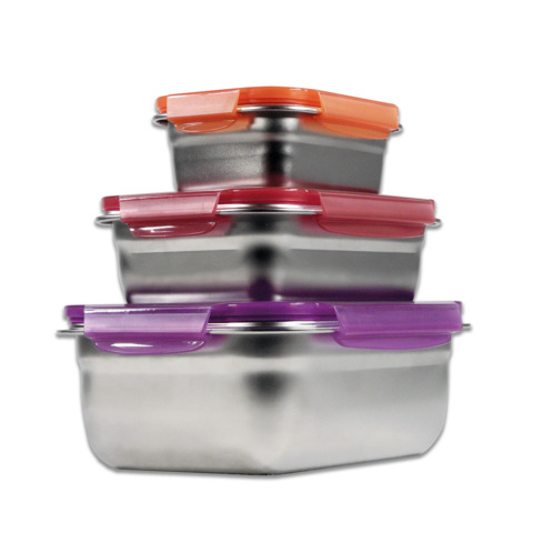 Contenitori per alimenti in acciaio inossidabile adatti a microonde Sogo set 3pz 14×8 cm-16×8.5 cm-18×9.5 cm –