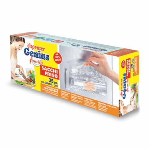 Dispenser di sacchi frigo Genius con clips adesive Peter Pan Plast conf. 35 pz 38×50 cm – GENF38