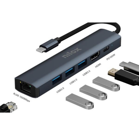 Docking station USB-C 6 in 1 Nilox Tech 1x HDMI 4K + 1x RJ45 + 3x USB-A 3.2 + 1x USB-C alimentazione fino 100 W nero –