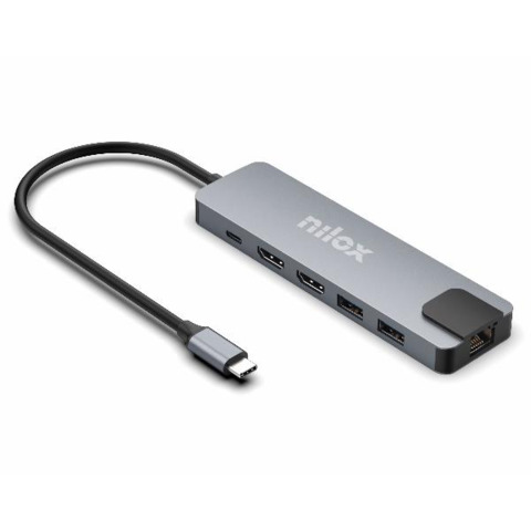 Docking station USB-C 8 in 1 Nilox Tech 2x HDMI 4K + 1x RJ45 + 3x USB-A 3.2 + 1x USB-A + 1x USB-C fino 100 W grigio –
