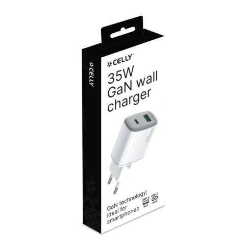 Caricatore da parete Celly GaN 1x USB-C 35W + 1x USB-A 18W – bianco UPTC1USB1USBC35