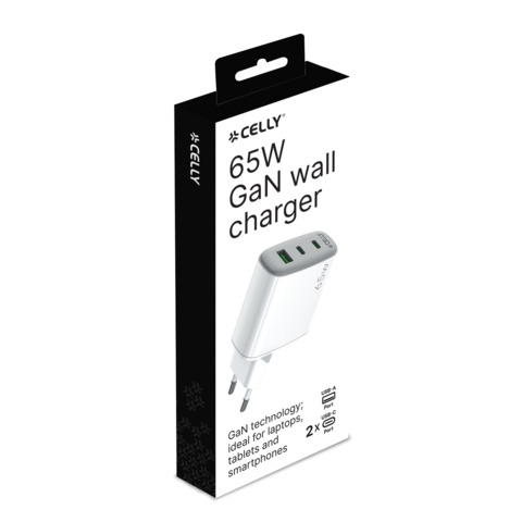 Caricatore da parete Celly GaN 2x USB-C 65W + 1x USB-A 60W – bianco UPTC1USB2USBC65