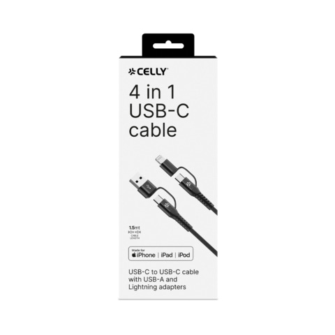Cavo 4in1 USB-C/USB-C Celly USBC4IN1 con adattatori USB-A e Lightning – 2 m nero USBC4IN1BK