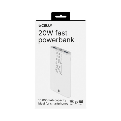 Powerbank compatto Celly PBE EVO 10.000 mAh 2x USB-A + 1x MicroUSB + 1x USB-C – 20W bianco – PBPD10000EVOWH