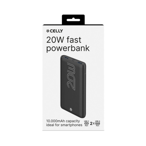 Powerbank compatto Celly PBE EVO 10.000 mAh 2x USB-A + 1x MicroUSB + 1x USB-C – 20W nero – PBPD10000EVOBK