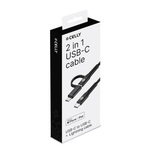 Cavo USB-C/USB-C Celly USBC2IN1 in nylon intrecciato con adattatore Lightning 100W – 1 m nero – USBC2IN1BK