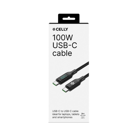 Cavo USB-C/USB-C in nylon intrecciato Celly – display LED – 100W – 2 m nero USBCUSBC100WLED