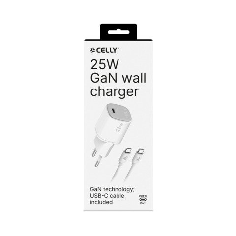Caricatore da parete Celly UPTC1 GaN 1x USB-C 25W + cavo USB-C / USB-C in gomma – bianco – UPTC1USBC25WCTC