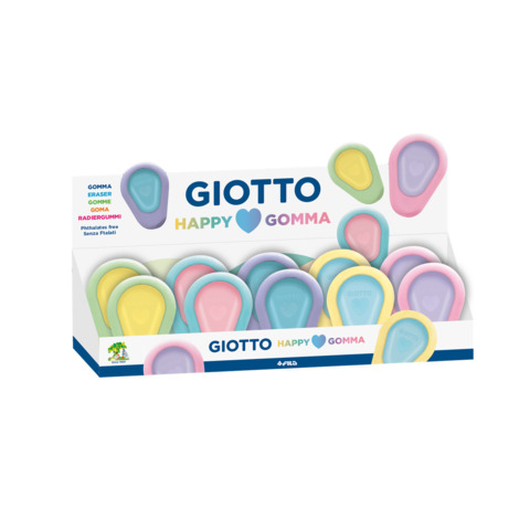 Espositore 30 gomme Giotto Happy Love con presa antiscivolo in colori assortiti pastello – F232400