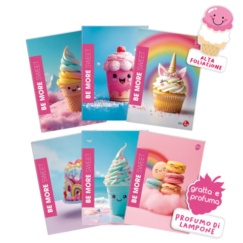 Maxi quaderno Be More Sweet A4 – 100 g/m² – 24+1 ff – A – copertina profumata – conf. 10 pz assortiti – 0123429