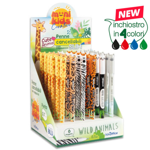 Espositore 36 penne Monikids Creative Slim cancellabili con cappuccio Wild Animals – 20NIK258