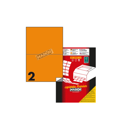 Etichette arancione fluo permanenti Markin Copiatabu A4 – 2 et./ff – 210×148 mm – conf. 100 ff – X210C509F-AR