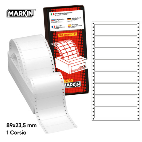 Etichette bianche a modulo continuo Markin 1 corsia 6.000 etichettte – 89×23,5 mm – conf. 500 ff – X200S604