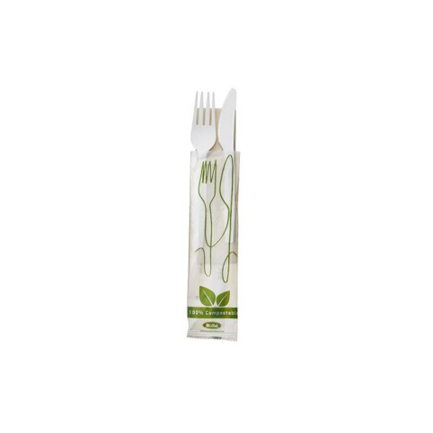Set forchetta, coltello e tovagliolo in CPLA biodegradabile e compostabile Leone bianco – conf. 250 pz – Q2048.S
