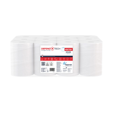 Asciugamani in rotolo Papernet Defend Tech Centrefeed a 2 veli in pura cellulosa – bianco – conf. 12 pz 400760