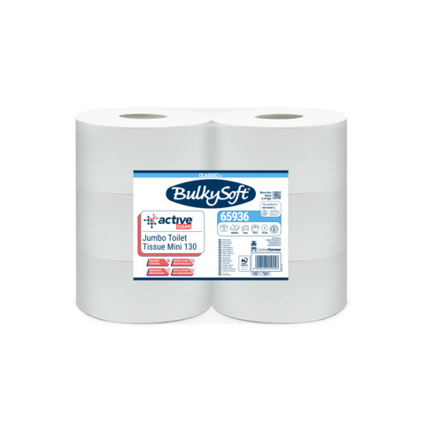 Carta igienica Bulkysoft Active Clean Mini Jumbo 130 – 2 veli in cellulosa – bianco – conf. 12 pz – 65936.E20
