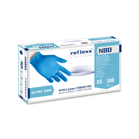 Guanti monouso in nitrile senza polvere Reflexx per pulizia/igiene ambidestri – TG XS DPI Cat. III conf. 100 pz N80B/XS
