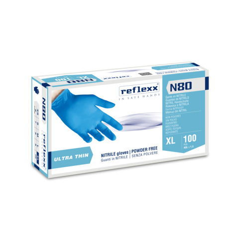 Guanti monouso in nitrile senza polvere Reflexx per pulizia/igiene ambidestri – TG XL DPI Cat. III conf. 100 pz N80B/XL