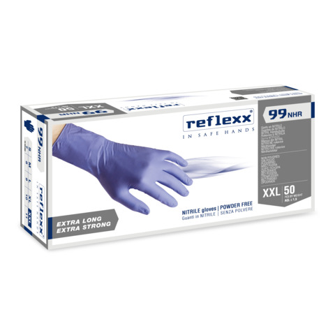 Guanti monouso in nitrile senza polvere Reflexx per uso medicale ambidestri – TG XXL DPI Cat. III conf. 50 pz R99/XXL