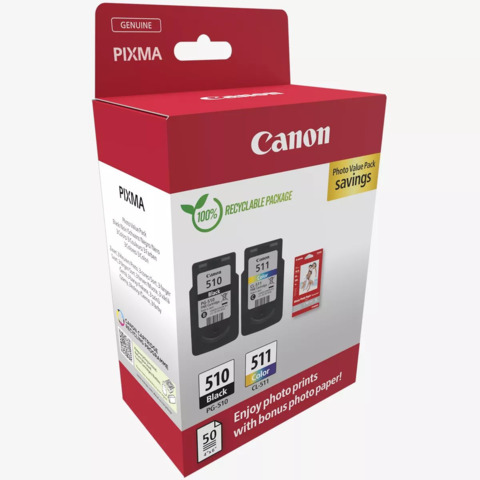 Set Photo Value Pack Canon 2 cartucce PG-510 nero e CL-511 tricromia + 50 ff carta fotografica 10×15 cm – 2970B017