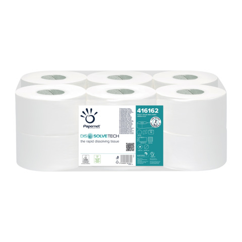 Carta igienica mini Jumbo Papernet con tecnologia Dissolve Tech 1 velo – bianco – conf. 12 pz – 416162