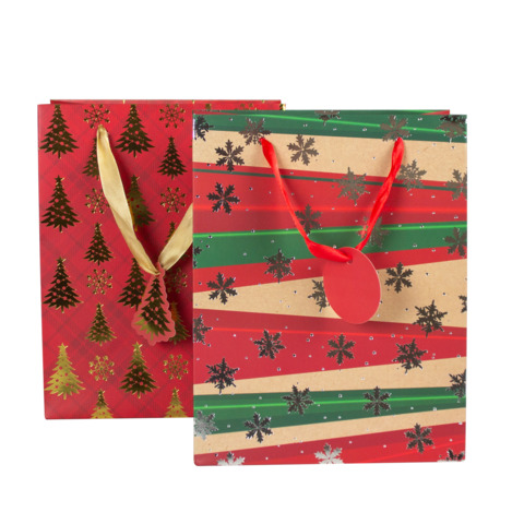 Shopper natalizia 23x18x10 cm alberelli e fiocchi di neve con dettagli oro/argento e cartellino – conf. 12 pz