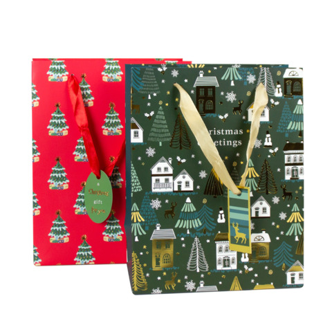 Shopper natalizia 23x18x10 cm alberelli e paesaggio cittadino con dettagli oro/argento e cartellino – conf. 12 pz