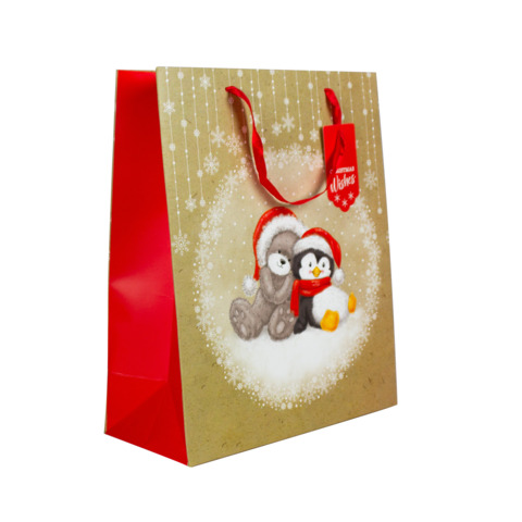Shopper natalizia 32x26x12 cm orsetti con dettagli oro e cartellino – conf. 12 pz – 377478