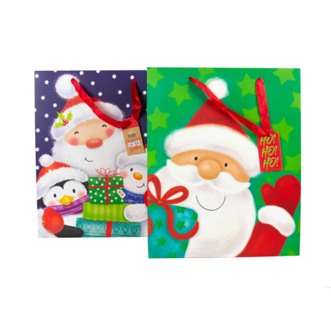 Shopper natalizia 32x26x12 cm Babbo Natale con dettagli oro e cartellino – conf. 12 pz – 377482