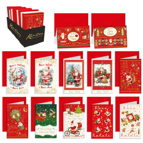 Espositore 120 biglietti augurali natalizi Kartos Santa Claus 8,5×13,5 cm – 12 soggetti ass.ti – 04497900