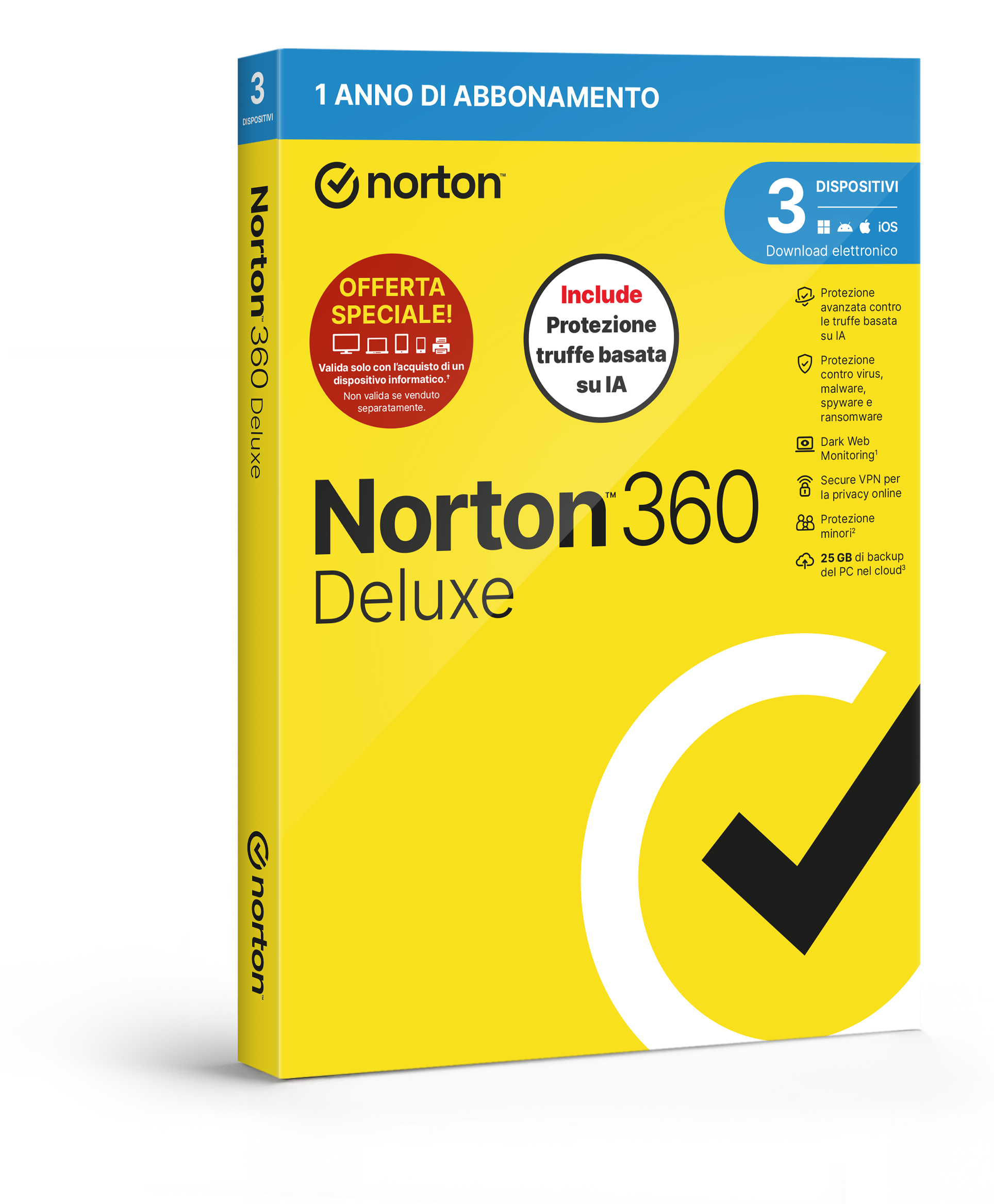 NORTON 360 DELUXE 2026 -ANTITRUFFA- ATTACH – 3 DISPOSITIVI 12 MESI 25GB – IT BOX