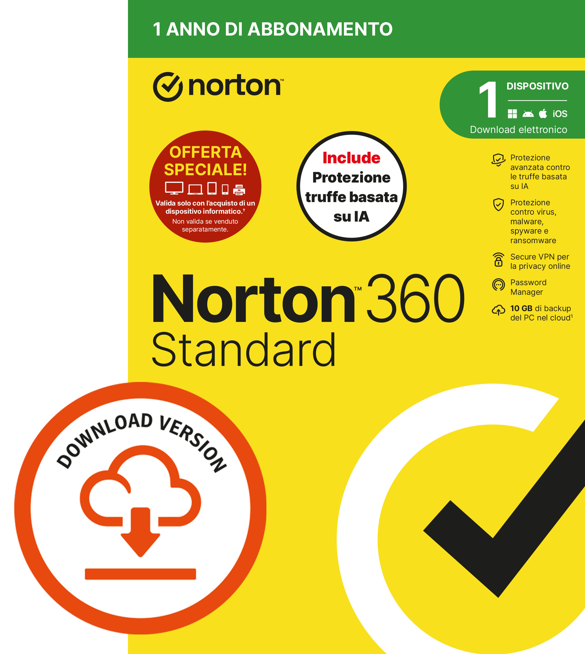NORTON 360 STANDARD 2026 – ANTITRUFFA- ATTACH 1 DISPOSITIVO 12 MESI 10GB – IT ESD