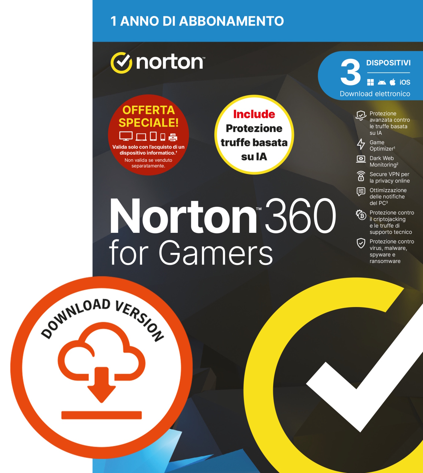 NORTON 360 FOR GAMERS 2026-ANTITRUFFA- ATTACH – 3 DISPOSITIVI 12 MESI 50GB – IT ESD