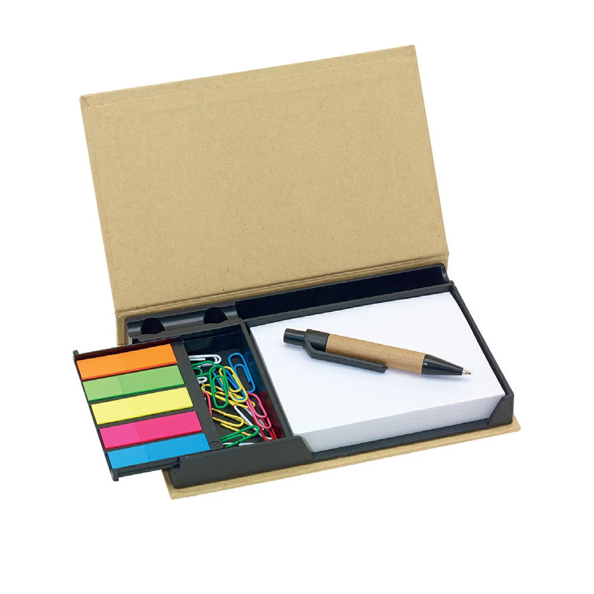 MEMOBOX CON FOGLIETTI, GRAFFETTE, POST-IT E PENNA MINI