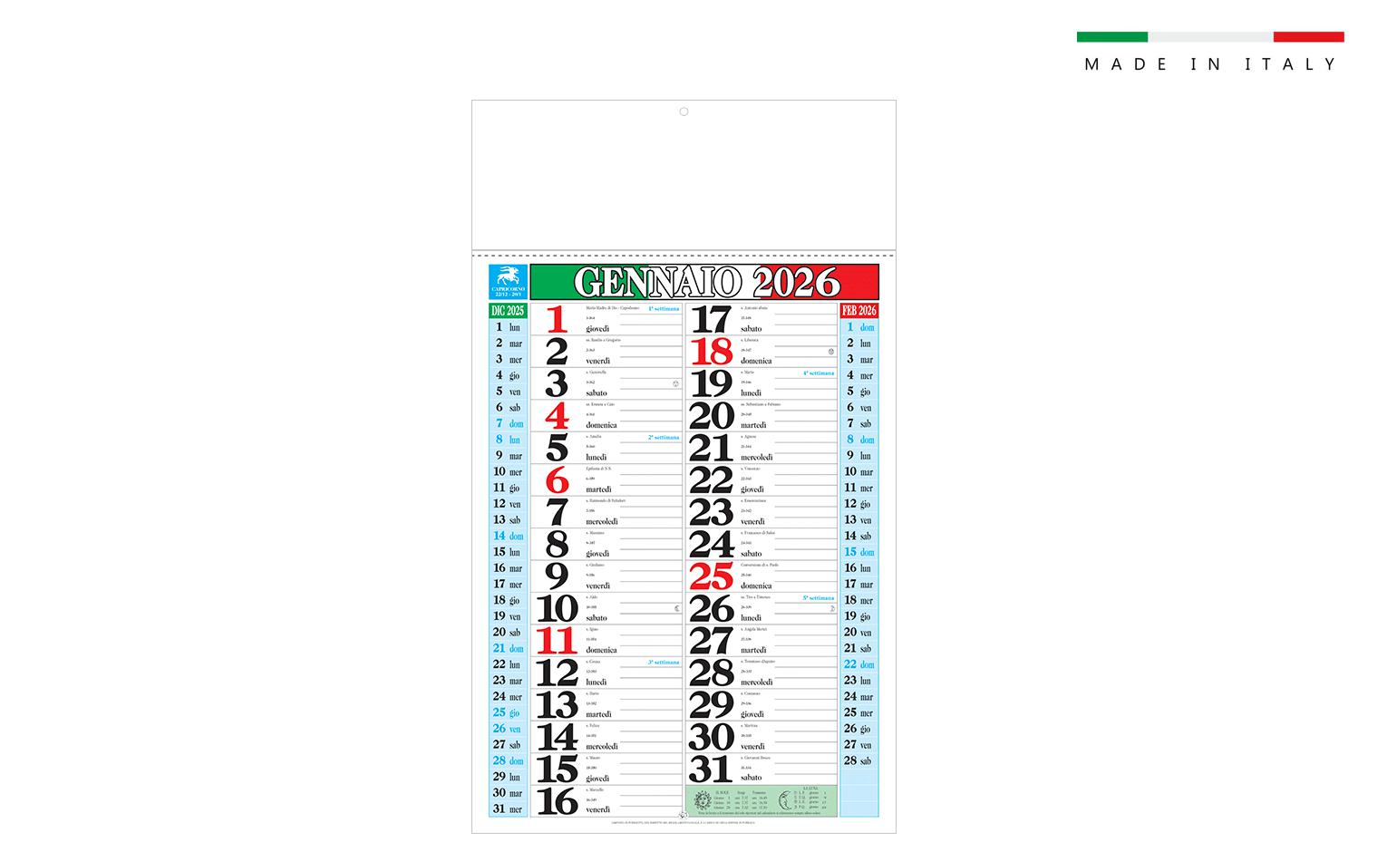 Calendario TRICOLORE mensile 12 Fogli 31×53,5