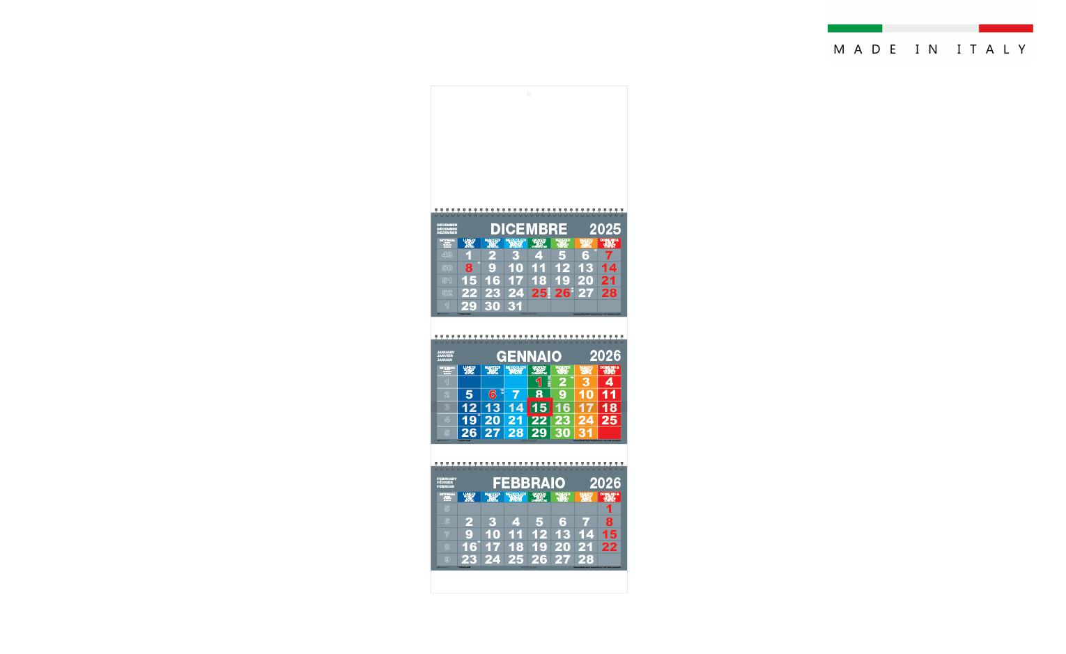 Calendario TRITTICOMULTICOLOR 3 BLOCCHI SPIRALATI 31×79,5