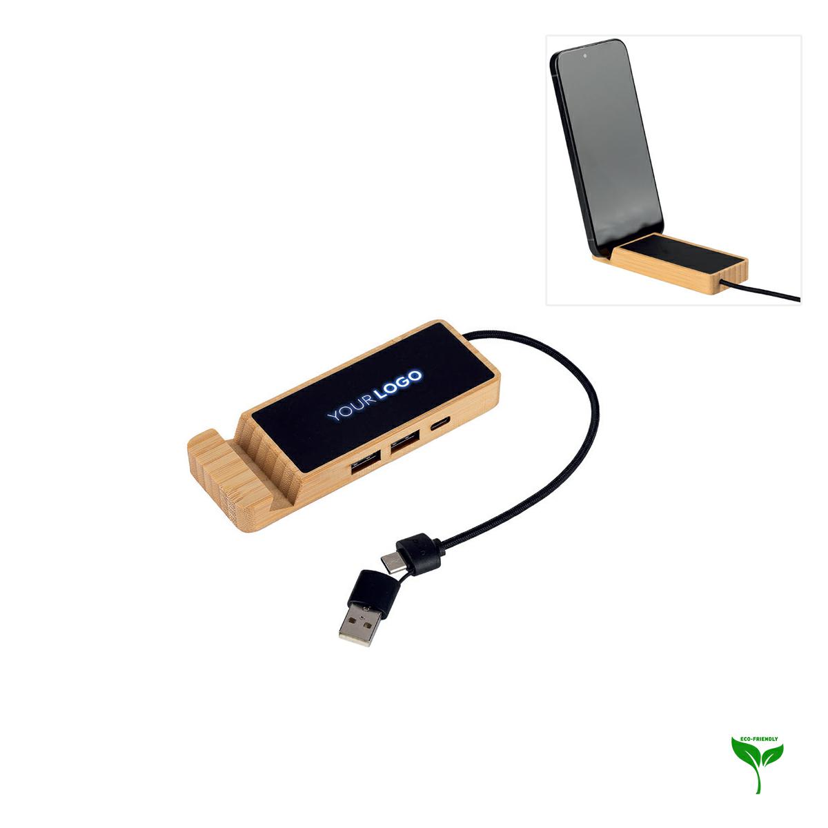HUB USB E SUPPORTO CELLULARE IN BAMBOO