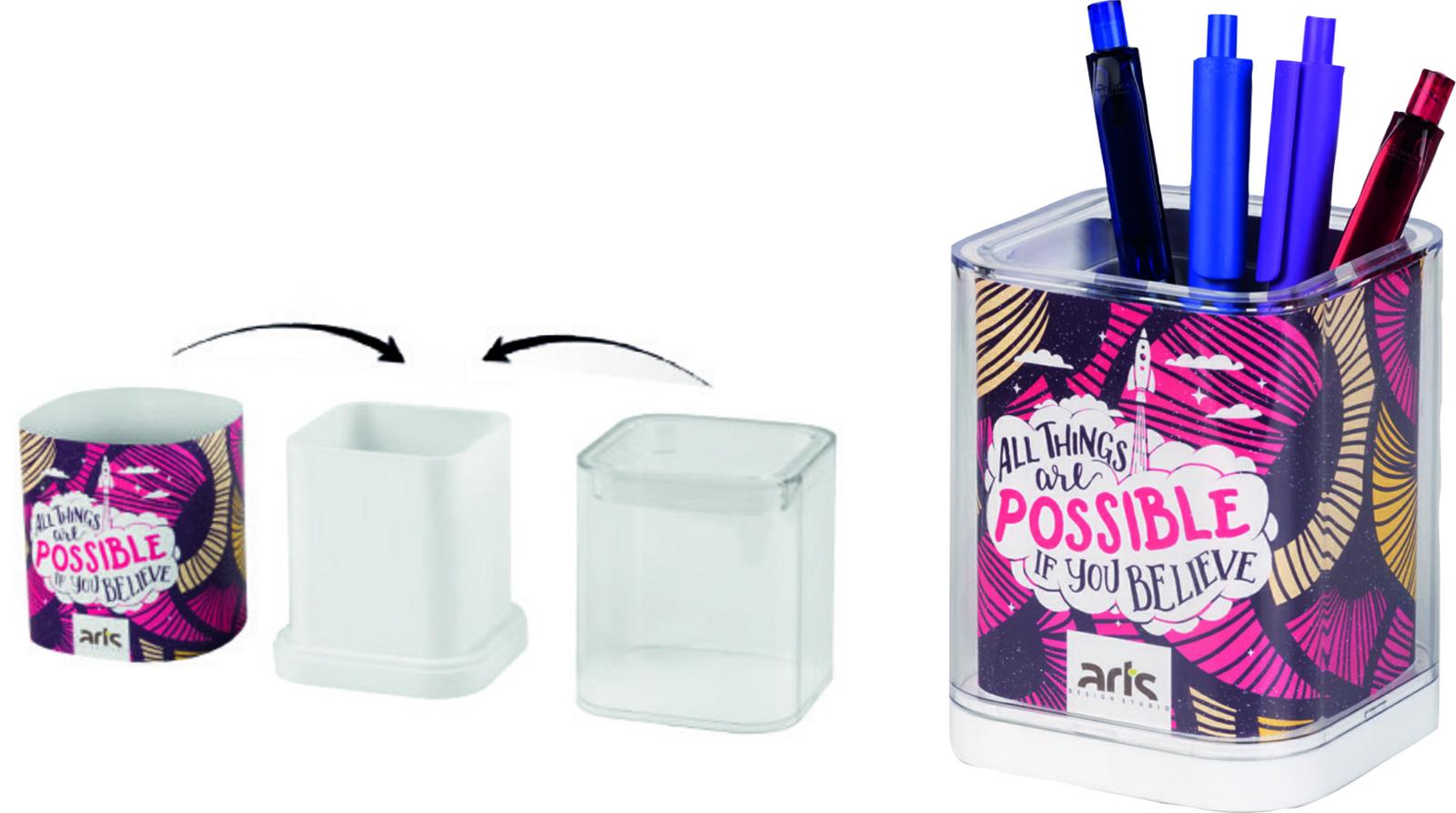 Portapenne in plastica bianca con copertura trasparente