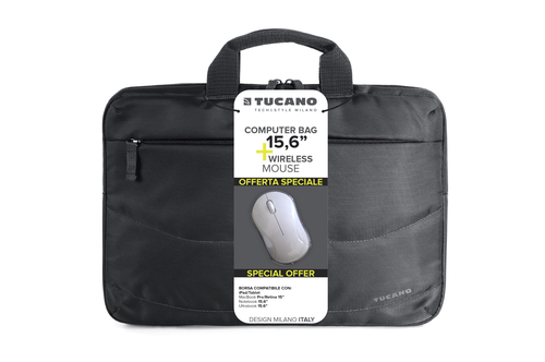TUCANO BORSA + MOUSE WIRELESS (BORSA SLIM PER NOTEBOOK DA 15,6, TRACOLLA COLORE NERO + MOUSE WIRELESS COLORE BIANCO)