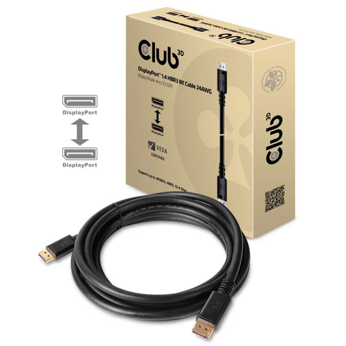 CLUB3D DISPLAYPORT 1.4 HBR3 CABLE MALE / MALE 4 METERS/13.12FT.8K @60HZ   24AWG  – BLACK CONNECTOR