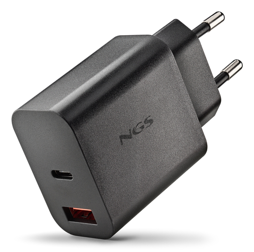 NGS ERA 30W BLACK: CARICATORE GaN DA PARETE UNIVERSALE DA 30W con 2 porte: USB-C + USB-A
