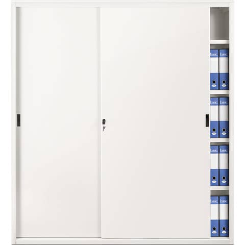 Armadio Tecnical 2 archivio a porte scorrevoli, dimensioni 180x45x200 (h) cm, portata ripiano 35 kg. Armadi in robusta lamiera d’acciaio, SPO 1° Scelta spess. 7-8/10°. Internamente corredato di unico vano con 4 piani predisposti per l’aggancio di cartelle sospese spostabili su cremagliere, mensoline con 3 punti di aggancio. Porte scorrevoli in sospensione con scorrimento su cuscinetti a sfera, parte inferiore scorrimento su binari ricavati direttamente sul fondo, chiusura porte mediante unica serratura a pulsante con chiavi in duplice copia, maniglie ad incastro in materiale antiurto nel colore Nero. I ripiani sono adatti accogliere le cartelle sospese di interasse 3 33 cm. Consegnati in kit di facile montaggio. Verniciatura a polvere epossipoliestere previo trattamento di decapaggio e fosfatazione a caldo.